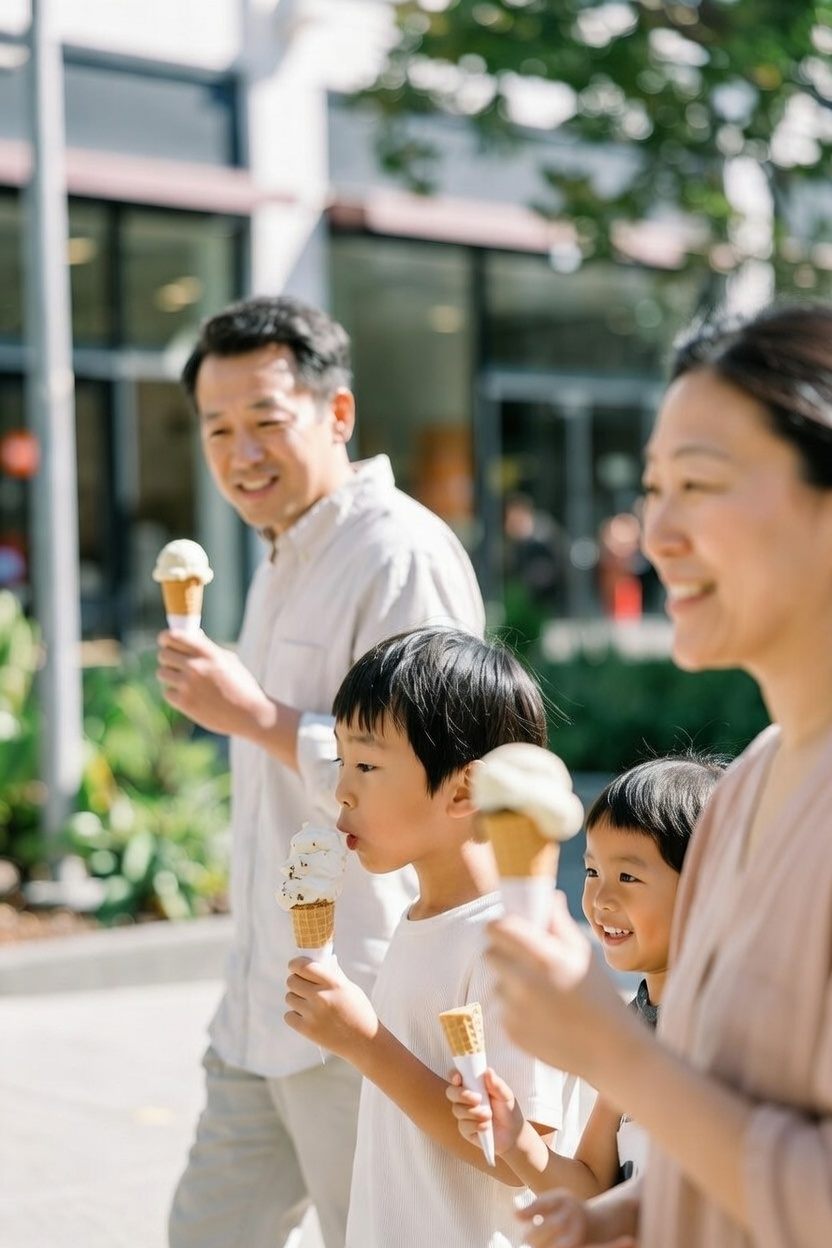 A family walking with ice creams
